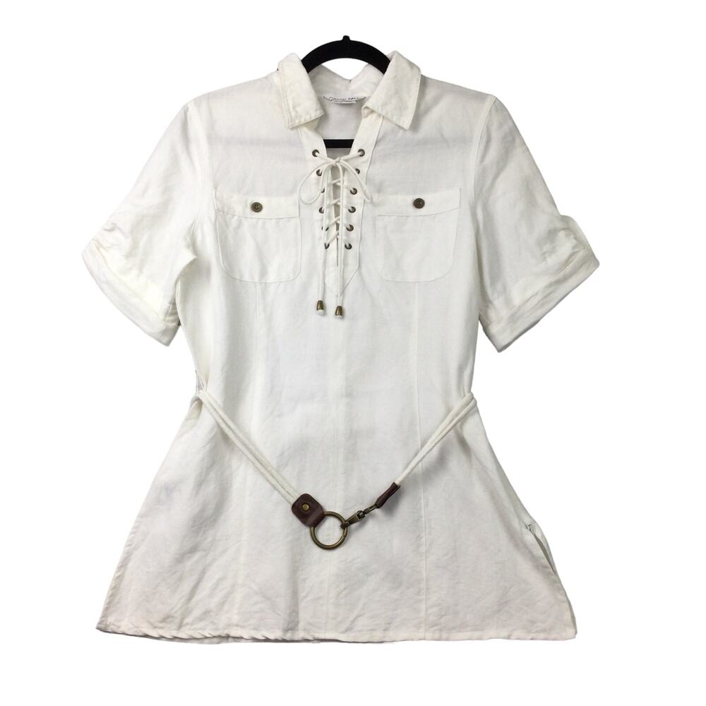 Jennifer Eden Neutral Lace Up V-neck Collar Short Sleeve Belted Cream Top Size 6